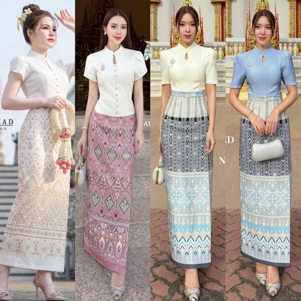 ❣️พร้อมส่ง📌 NABI ชุดไทย เสื้อแขนสั้นคอปก+กระโปรงลายไทย ใส่ออกงานบุญ งานบวช แฟนนาค