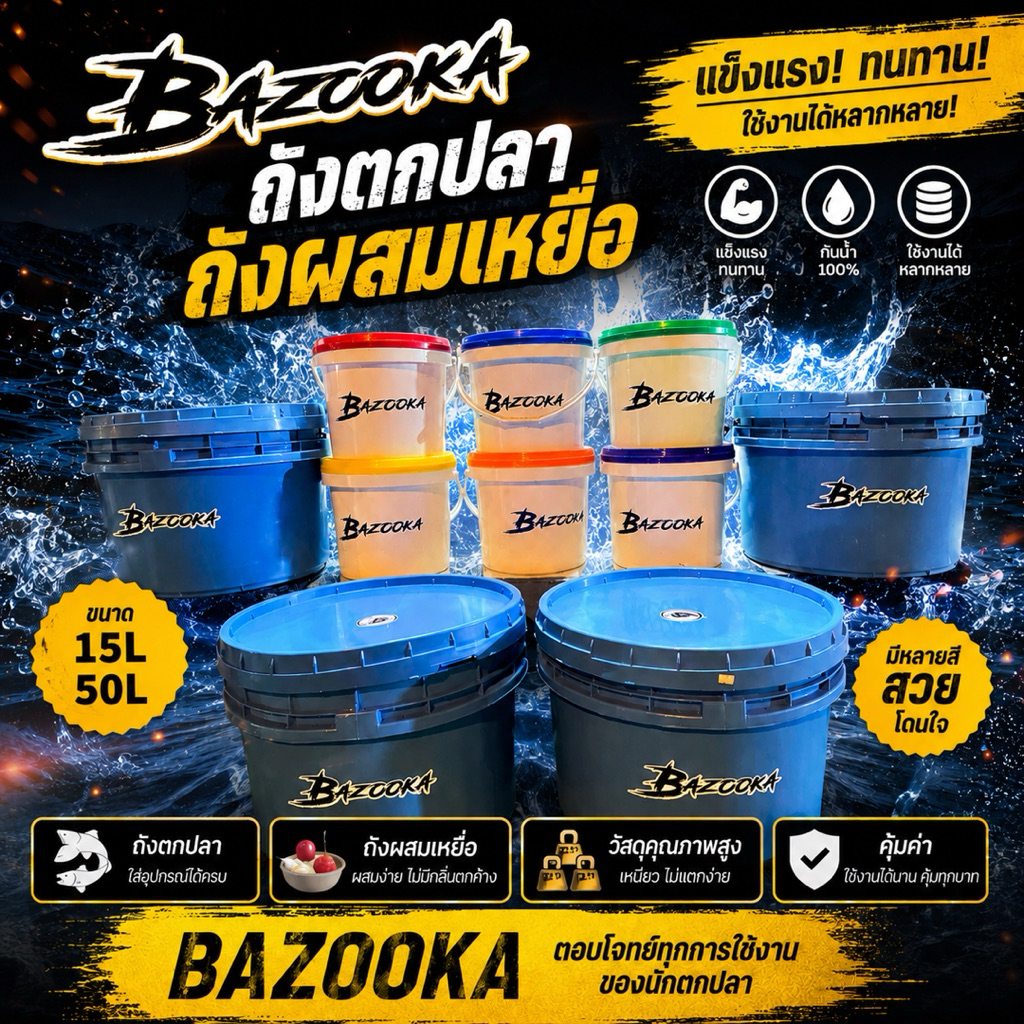 BAZOOKA (บาซูก้า) ถังตกปลา ถังผสมเหยื่อ แข็งแรงทนทานมีขนาด15ลิตรและ50ลิตร