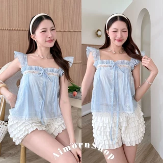 🔥aimorn_shop🔥 เสื้อสายเดี่ยวเจ้าหญิง ผูกโบว์ด้านหน้า แต่งขอบลูกไม้ งานผ้าโรซี่ ลายลูกไม้น่ารักๆ