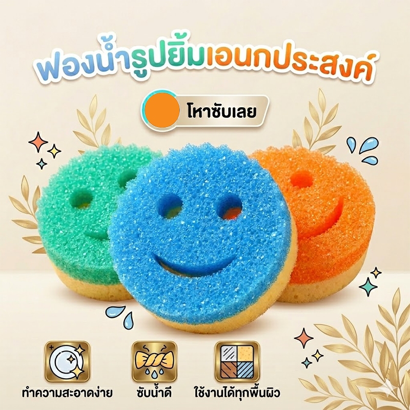 ฟองน้ำล้างจานหน้ายิ้มรุ่นฮิต ฟองน้ำรับรู้ความร้อน ล้างจานล้างหม้อสะอาดจึ้ง ฟองน้ำการ์ตูนสุดน่ารัก ฟองน้ำมหัศจรรย์ สำหรับ
