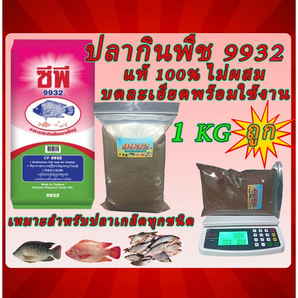 🐟อาหารปลากินพืช 9932 บดละเอียด CP แท้100% ไม่ผสม หัวเชื้อตกปลา โปรตีนสูง แพ็ก 1 kg เต็ม ใช้เป็นเหยื่อตกปลาเกล็ดทุกชนิด