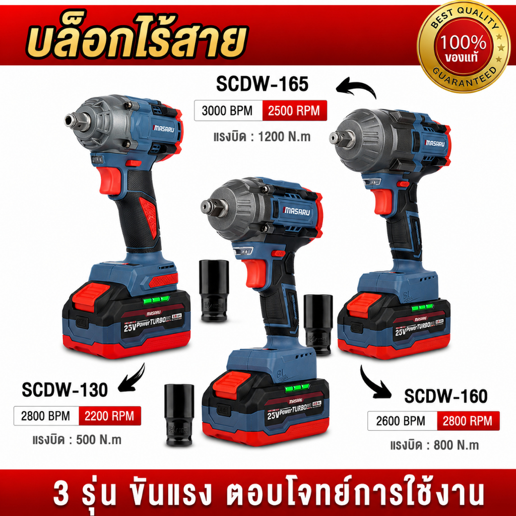 ถูกสุด MASARU บล็อกไฟฟ้า บล็อคไฟฟ้าไร้สาย SCDW-130 160 165 บล็อกแบตเตอรี่ บล็อกไร้สาย ประกัน 1 ปี