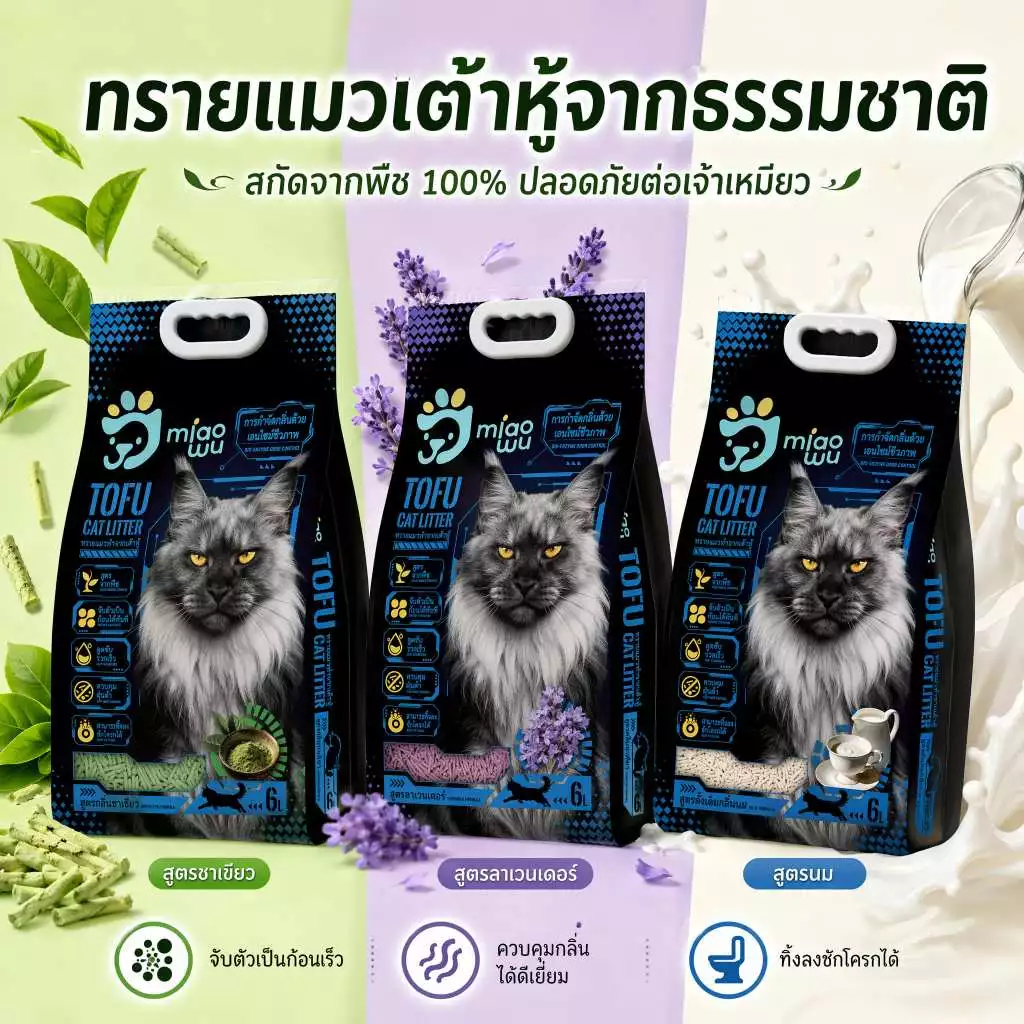 (6ลิตร) Miao Wu ทรายแมวเต้าหู้พรีเมียม ผสมเอนไซม์ชีวภาพ ใช้กับกระบะทรายอัตโนมัติ ดับกลิ่นยาวนาน ฝุ่นต่ำ จับตัวแน่น