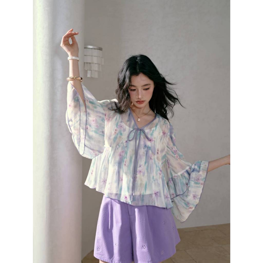[Preorder] KUOSE : Floral Bell Sleeve Blouse and Cami Set