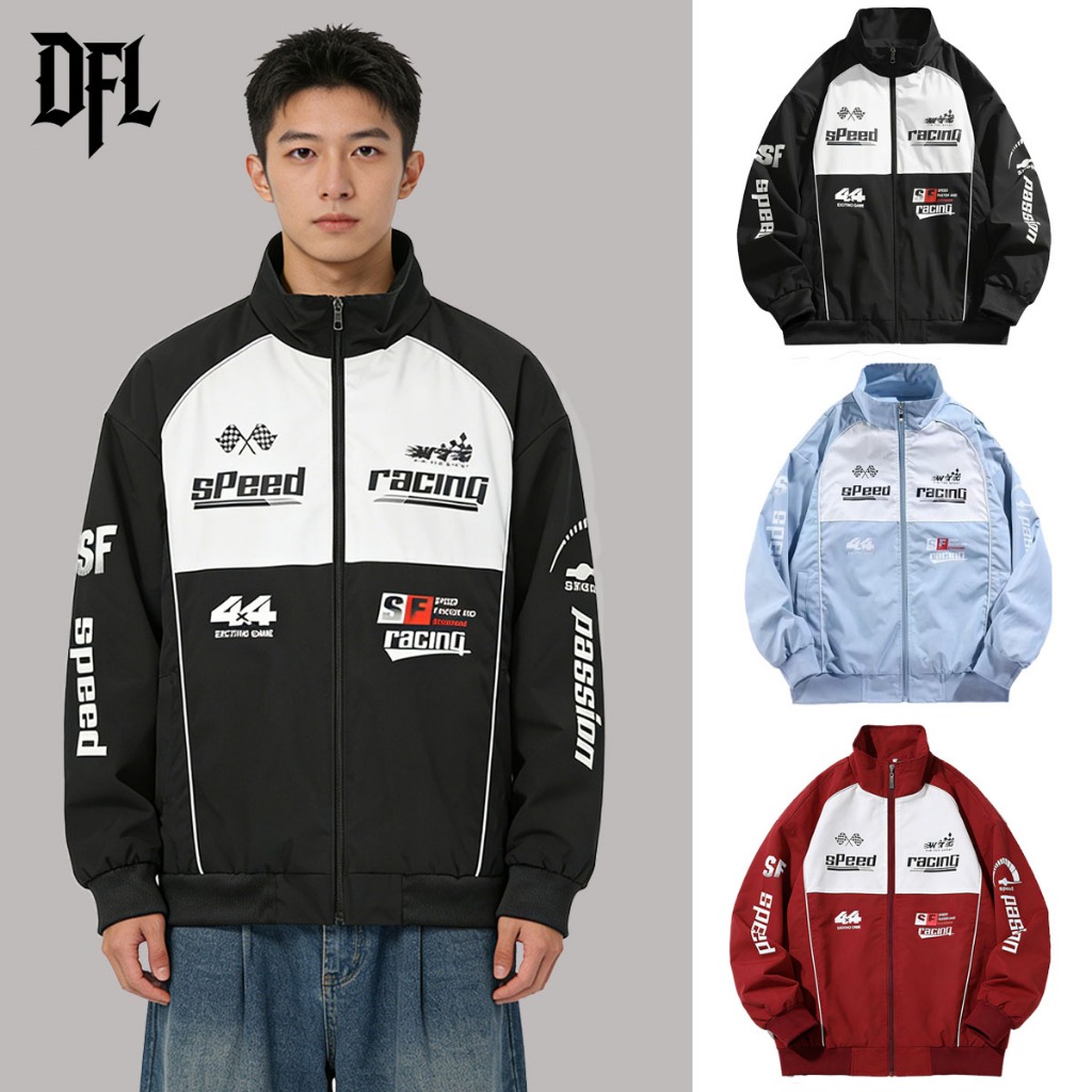 【พร้อมส่ง】ออกแบบพิมพ์ลายแฟชั่น เสื้อแข่งรถกันลม ย้อนยุคลำลอง สไตล์มอไซค์ แบบมีซิป ใส่ได้ทั้งชายและหญิง