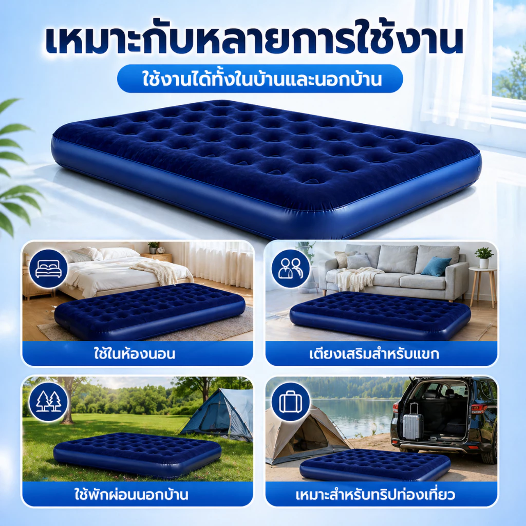 FLM ที่นอนเป่าลม ที่นอนลม เตียงเป่าลม ที่นอนแคมป์ปิ้ง สีน้ําเงิน Flocked Air Beds thumbnail 4