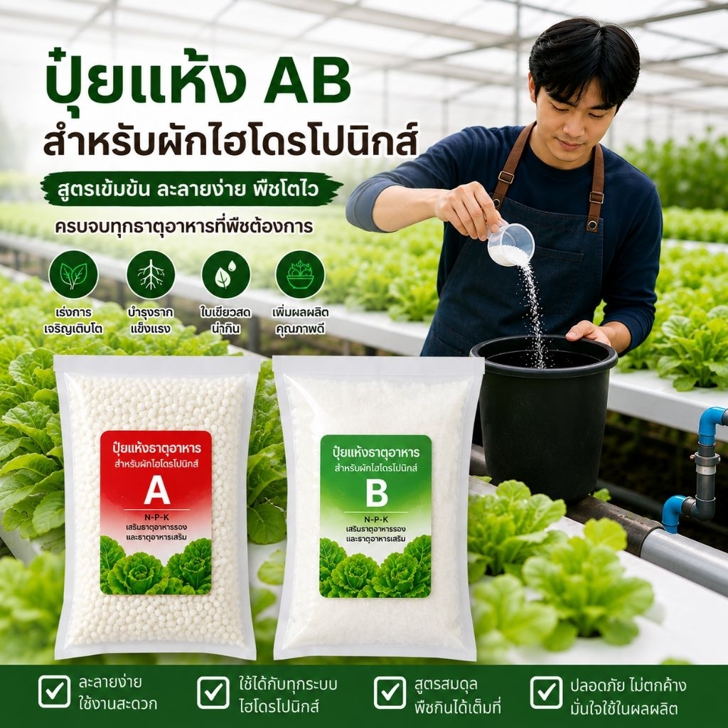 ปุ๋ยแห้ง AB สำหรับผักไฮโดรโปนิกส์สูตรเข้มข้น ละลายง่าย พืชโตไว ใบเขียวสวย รากแข็งแรง