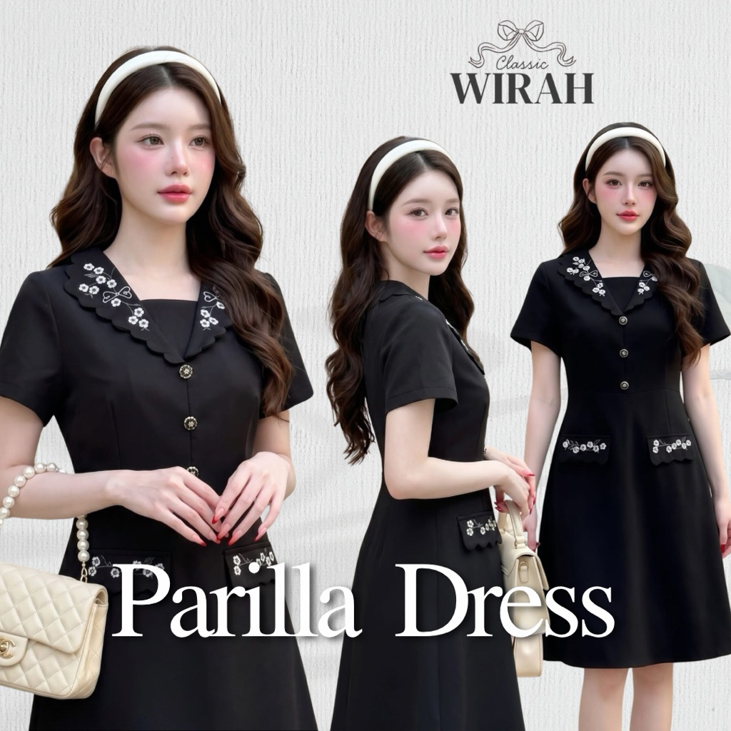 DW503 Perilla Dress เดรสสีดำสุดเรียบหรู  โดดเด่นด้วยดีเทลปกหยักปักลายดอกไม้สีขาวสุดประณีต