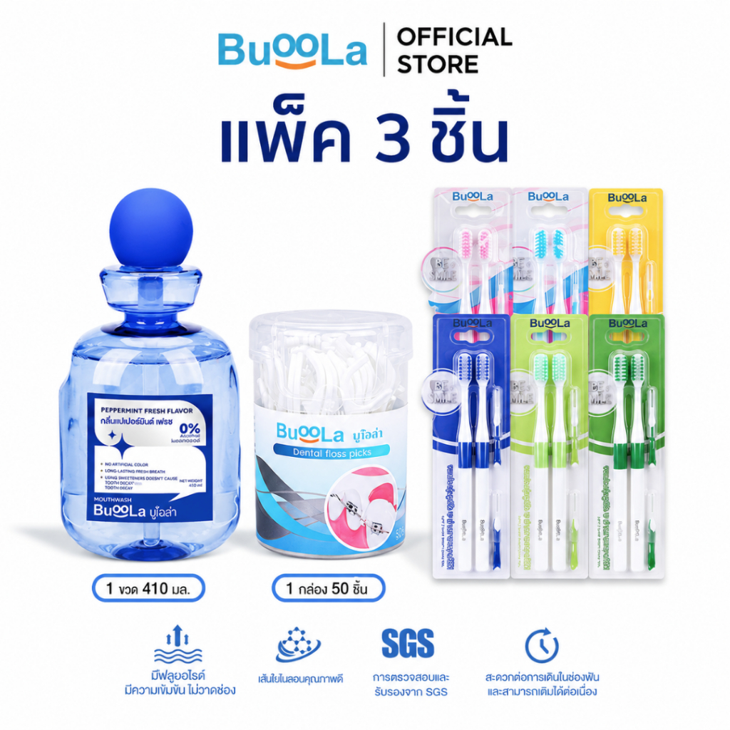 [ SET 3 ชิ้น ] Buoola น้ำยาบ้วนปาก กลิ่นเปปเปอร์มินท์ 1ขวด+ไหมขัดฟัน 1กล่อง+แปรงสีฟัน(สำหรับคนจัดฟัน) 1แพ็ค ปากหอมสะอาด