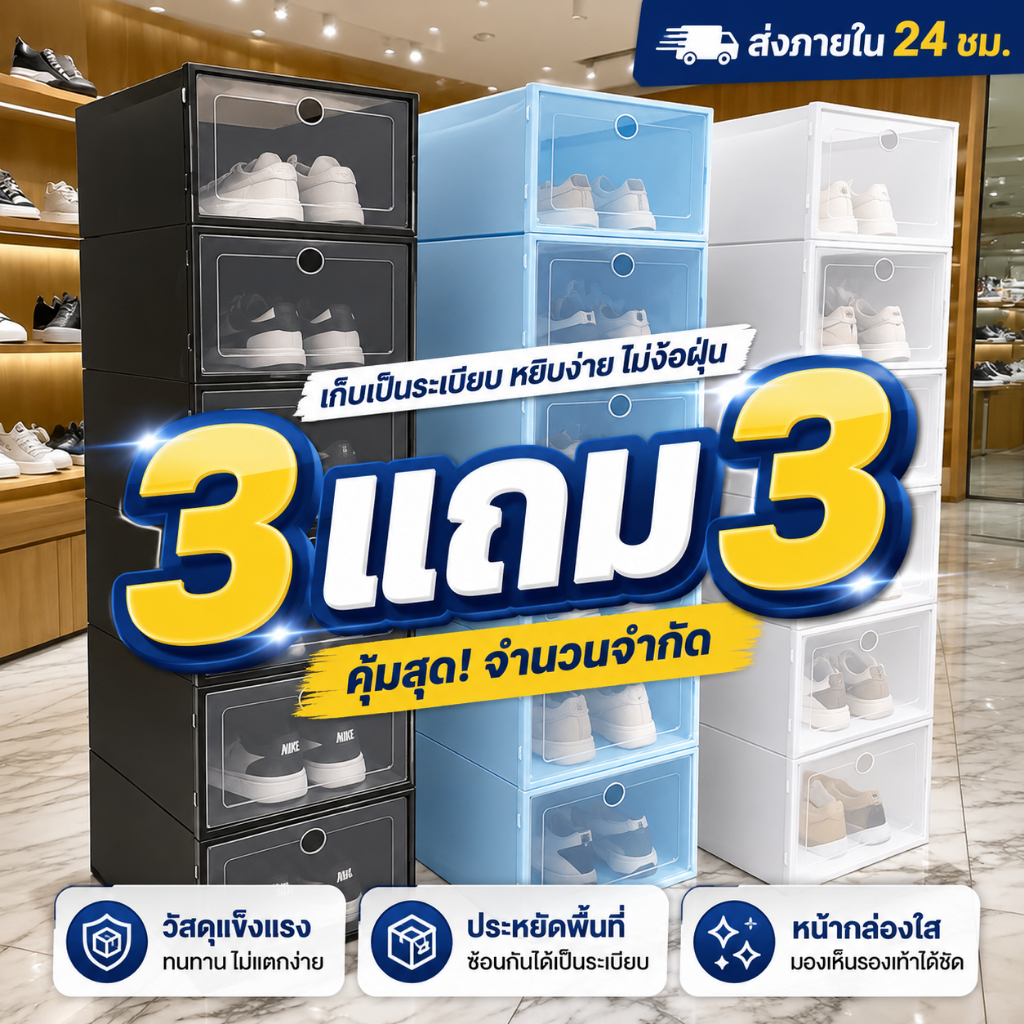 กล่องรองเท้า สุดคุ้ม 3 แถม 3 กล่องเก็บของอเนกประสงค์ กล่องพลาสติกฝาแข็ง กันฝุ่น มีให้เลือก 2 ขนาด หลายสี