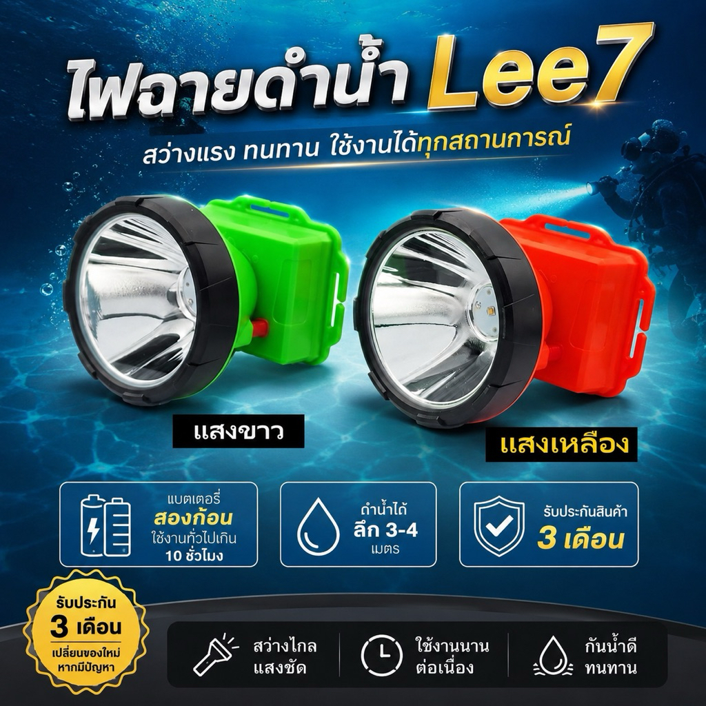 ไฟฉายดำน้ำ Lee7 จอ7ซมแบต2ก้อน ดำลึก1-20เมตร
