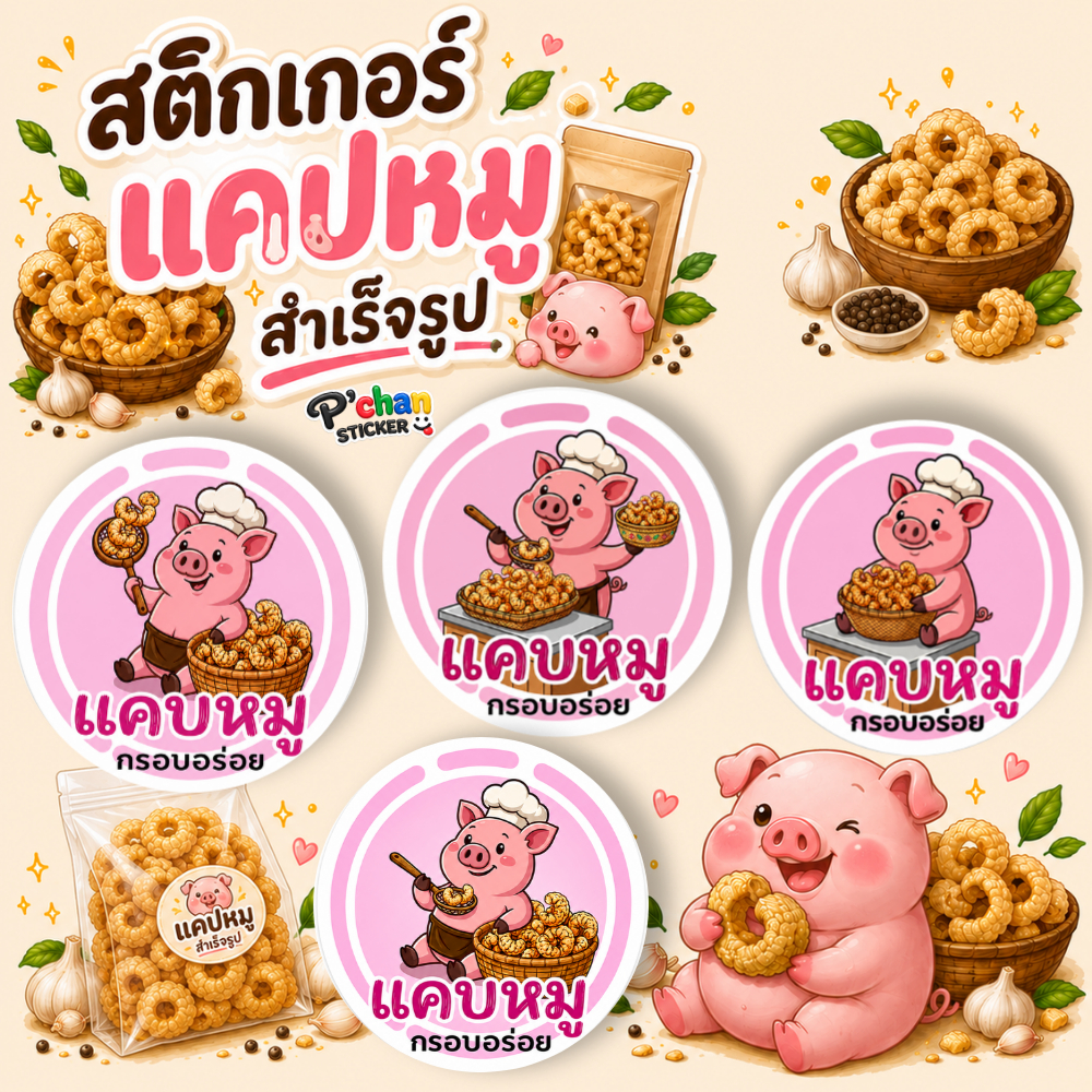 สติ๊กเกอร์แคบหมู โลโก้ ฉลากสินค้า (สำเร็จรูป,กันน้ำ)
