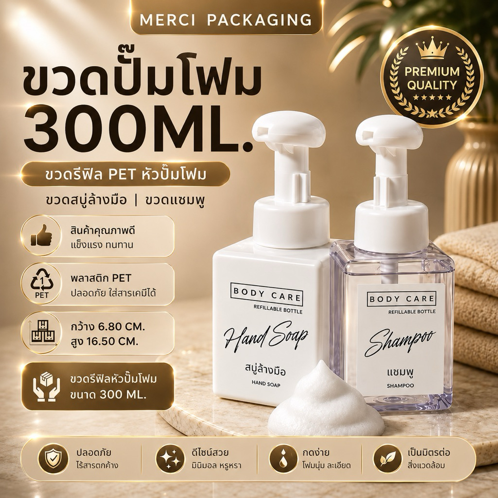 ขวดปั๊มโฟม 300ML ขวดรีฟิล PET หัวปั๊มโฟม ขวดสบู่ล้างมือ ขวดแชมพู (ขวดปั๊มโฟม/เหลี่ยม)