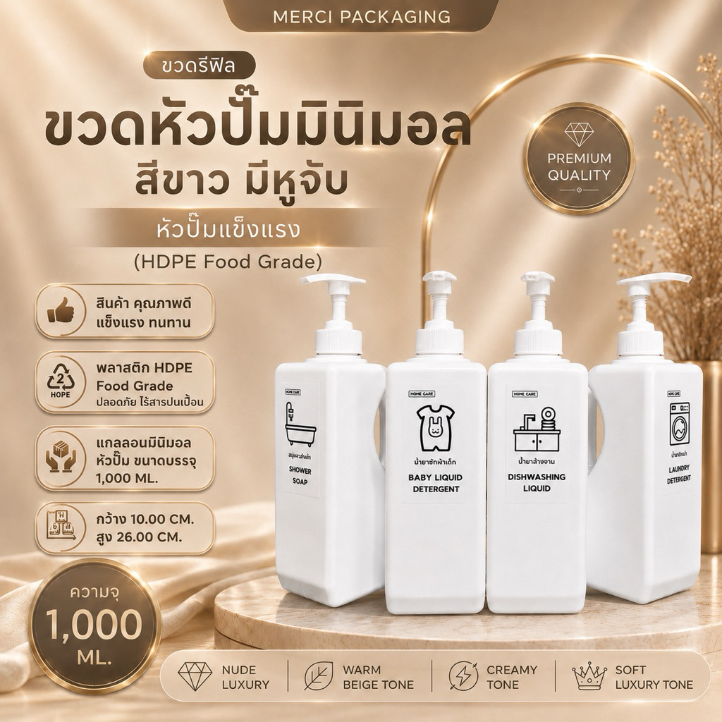 ขวดรีฟิลหัวปั๊ม มินิมอล เหลี่ยม สีขาว มีหูจับ หัวปั๊มแข็งแรง (HDPE Food Grade) แถมฟรี สติ๊กเกอร์ (1,000 ML.) PK1000ML48