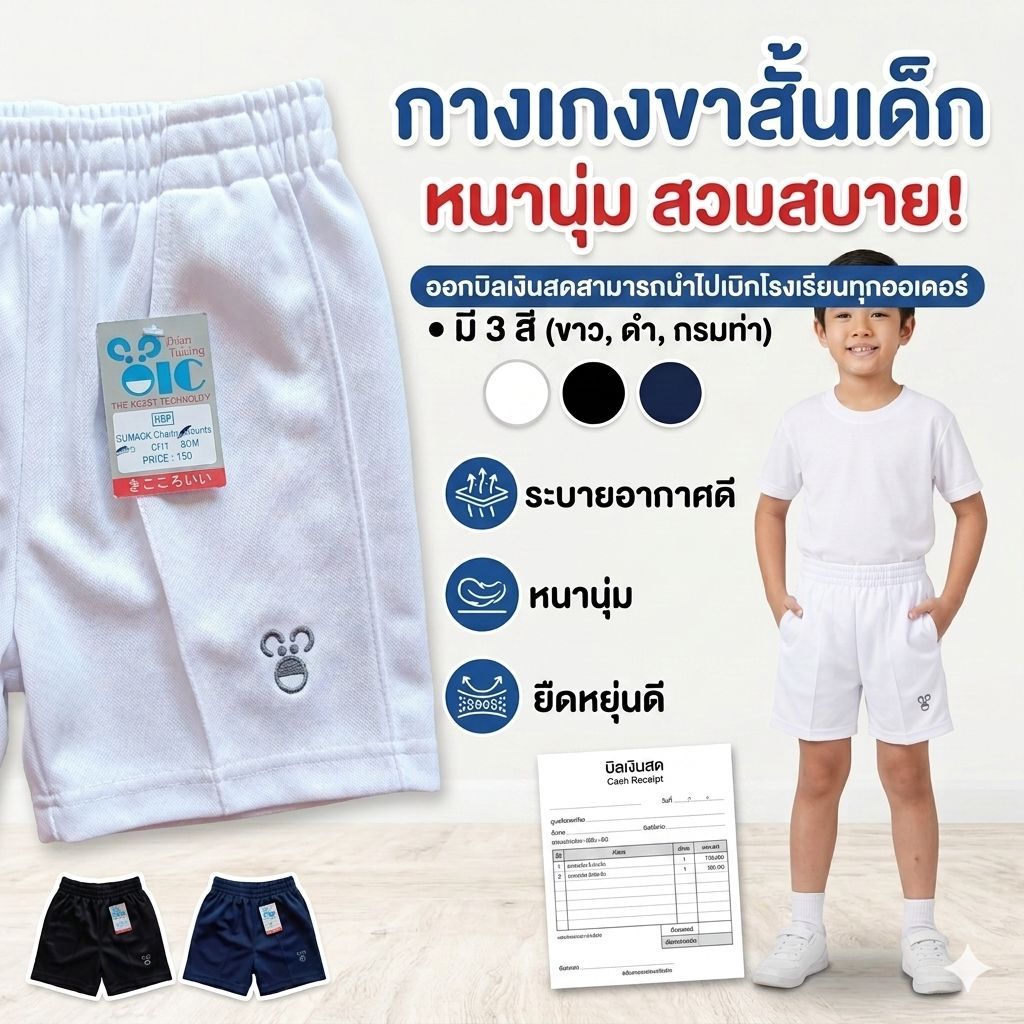 Oic sport กางเกงวอร์มเด็ก ขาสั้น สีขาว ดำ กรมท่า ใส่ไปโรงเรียน หรือออกกำลังกาย ใส่สบายเนื้อนิ่ม