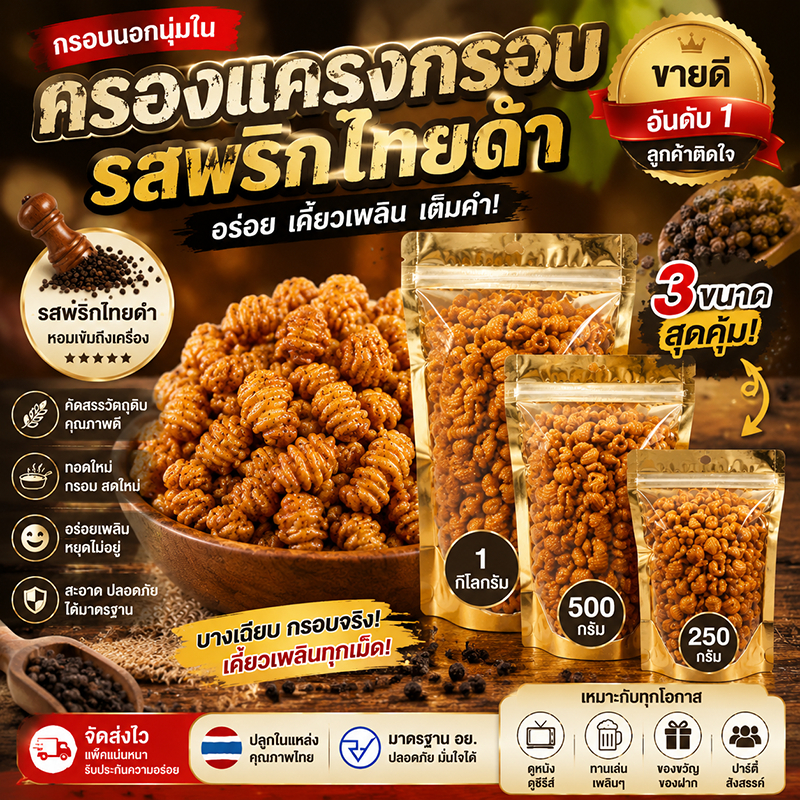 ครองแครงพริกไทยดำ ทอดใหม่ สดสะอาด ปลอดภัย ของว่างดูซีรีส์ เคี้ยวเพลินหยุดไม่อยู่ (250 กรัม - 1 กิโลกรัม)