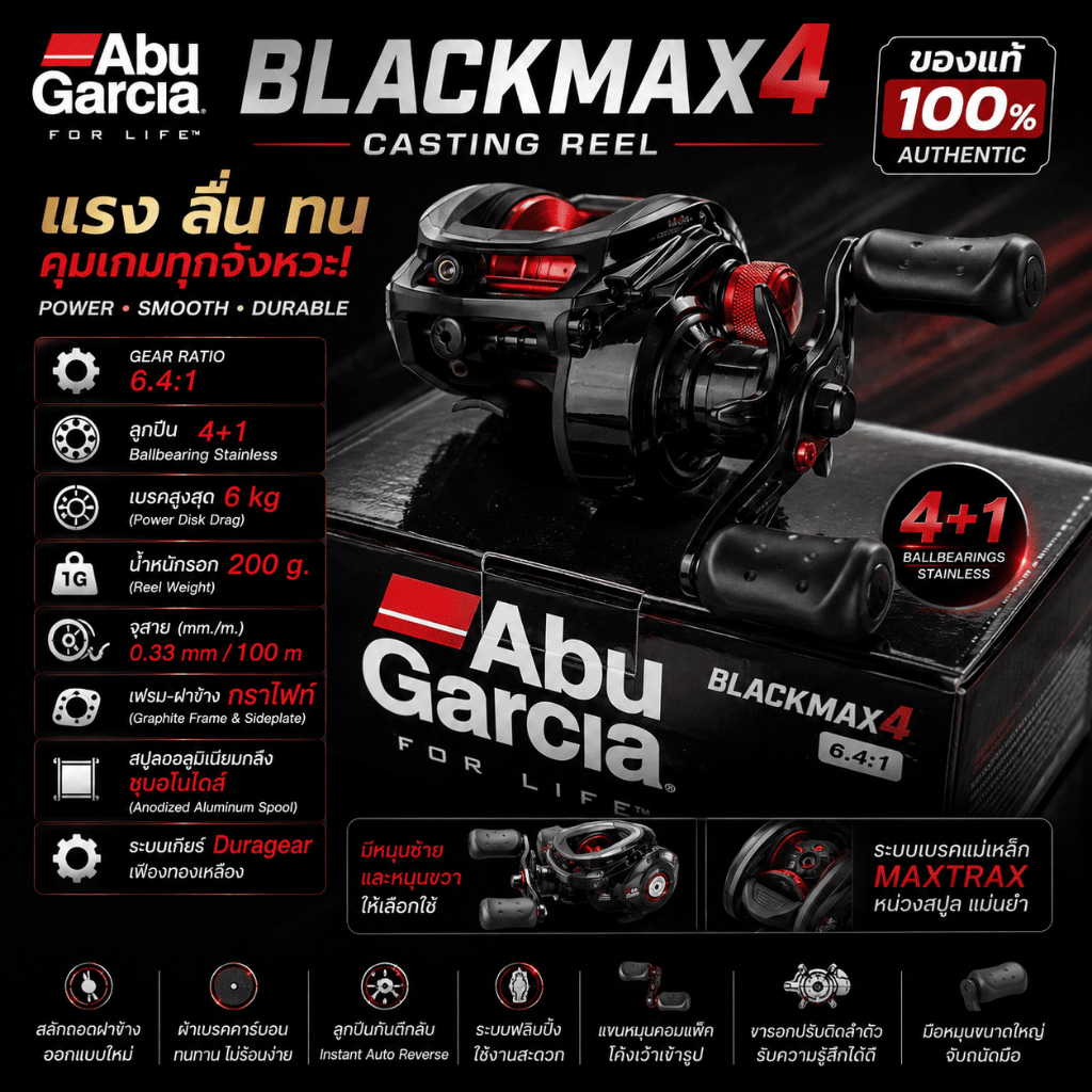 [ ของแท้ ]  รอกหยดน้ำ รอกเบท ABU GARCIA BLACKMAX4 [สีดำ/แดง] 4+1BB ของแท้ 100% Casting Reel