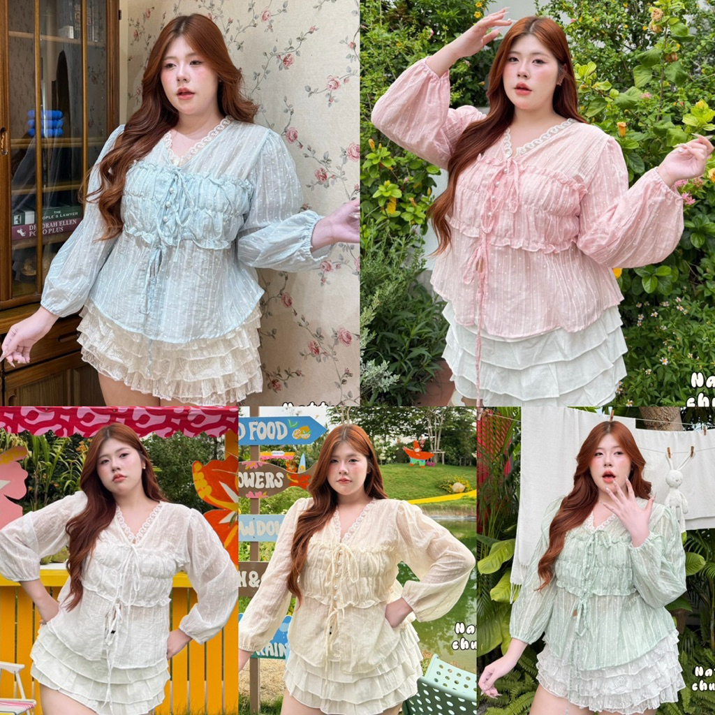 /NT/ เสื้อแต่งอกระบาย สาวอวบ ไซส์อก38-50 ผูกโบว์หน้า แต่งลูกไม้ สม็อคหลังเข้ารูป ผ้าโรซี่พิมพ์ลาย #ไซส์ใหญ่ พลัสไซส์