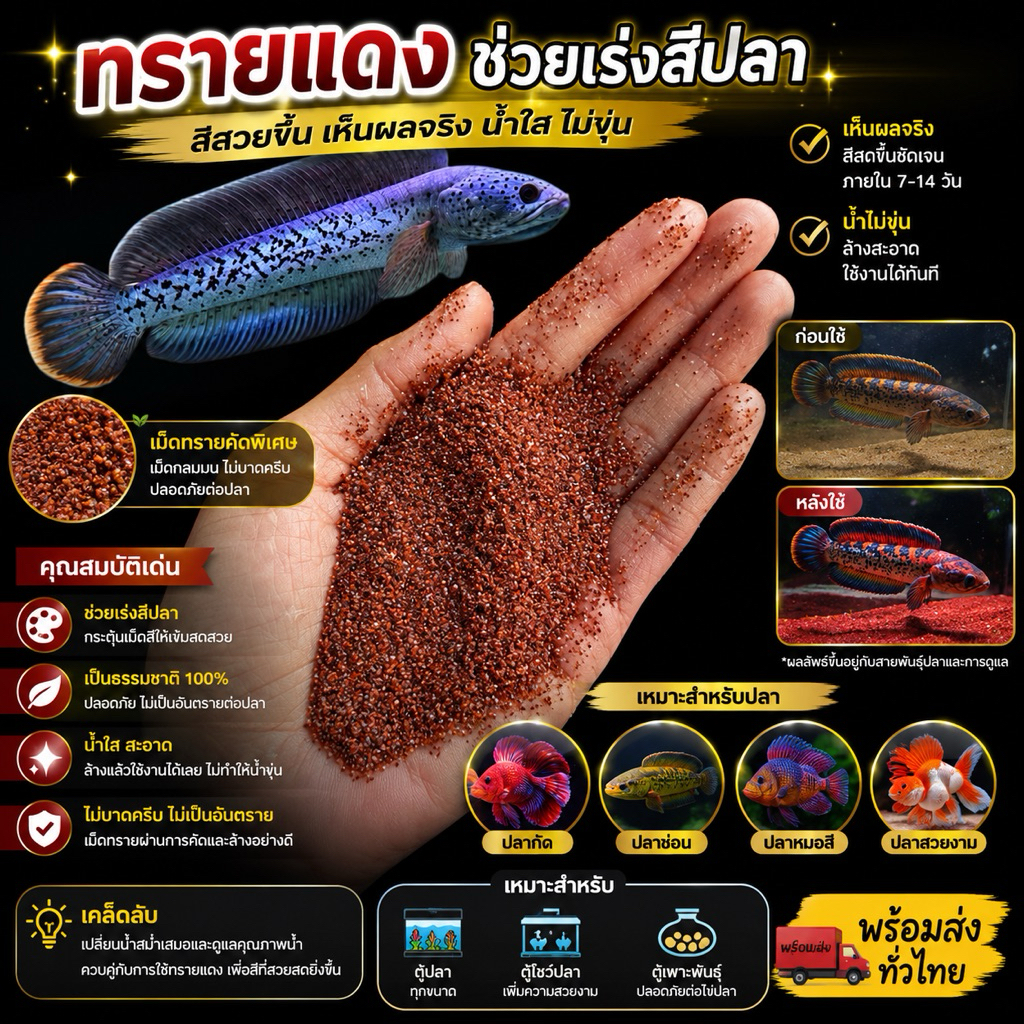 ทรายแดง ช่วยเริ่งสีปลาช่อน 🐟เห็นผลจริง ปลาจะปรับตัวตามสีทราย