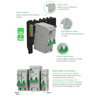 Schneider RCBO 2P เมนเซอร์กิตเบรกเกอร์กันดูด รุ่น Easy9 Plug-On ขนาด 1P+N 10kA 40A 50A และ 63A 30mA รหัส EZ9D30650