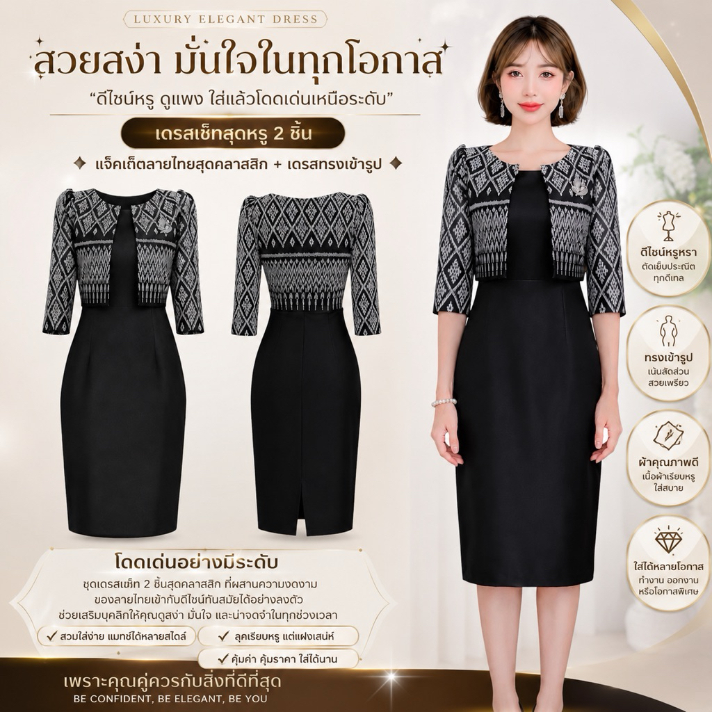 ชุดเดรสกั๊กลายไทยเเขนสามส่วนกระโปรงทรงสอบผ่าหลังซิปซ้ออนหลัง S-2XL