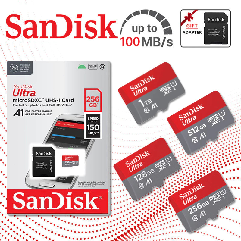 ✔ของแท้✔SanDisk Ultra Micro SD card การ์ดหน่วยความจำแฟลช UHS-1 64gb128gb 256gb 512gb กล้องวงจรปิดความเร็วสูง ลำโพง Class