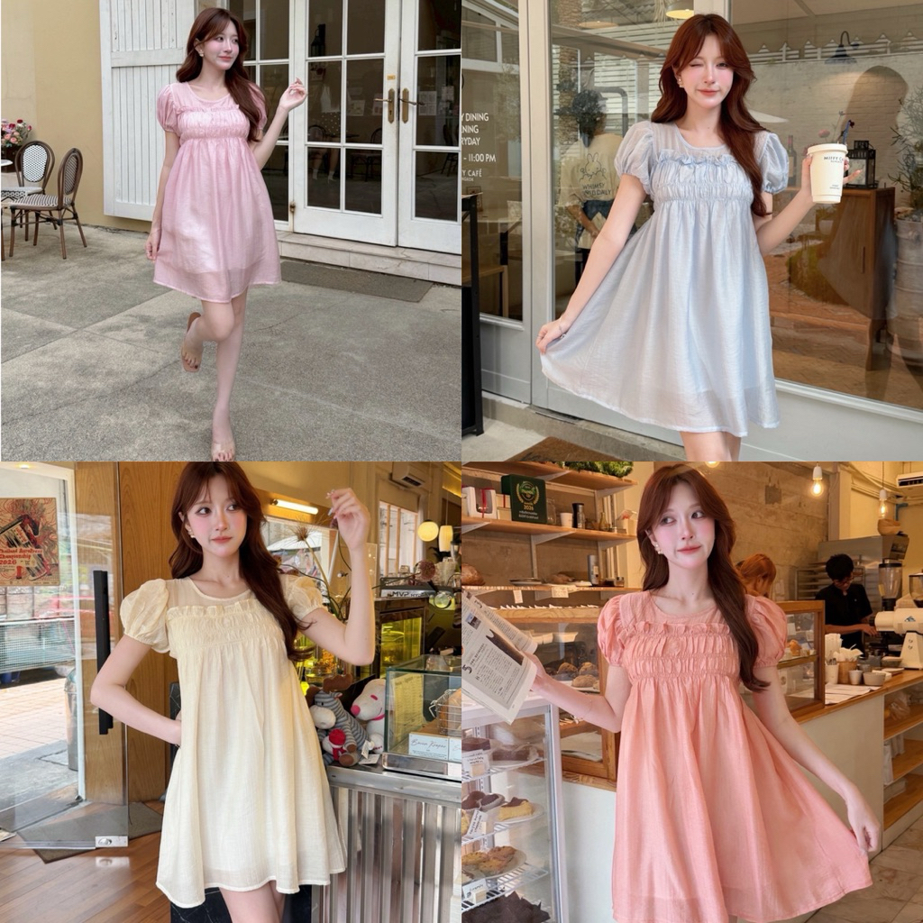 Teera❤️พร้อมส่ง✨มินิเดรสผ้าใยแก้ว💋แต่งสม็อกระบายอก🔅งานสวย น่ารัก💕nanny