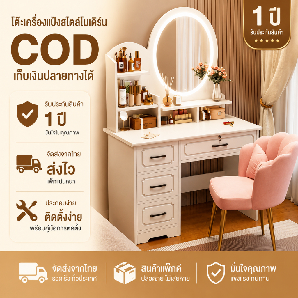 โต๊ะเครื่องแป้งสไตล์ยุโรป โต๊ะเครื่องแป้ง ดีไซน์เรียบง่ายการจัดเก็บแบบอเนกประสงค์ ไฟLEDระบบสัมผัส ห้องนอนห้องทำงาน