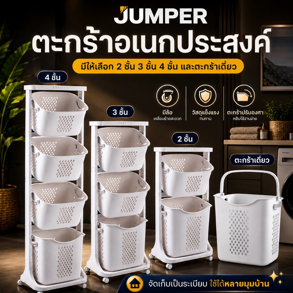 Jumper Kids ตะกร้าอเนกประสงค์ 2-4 ชั้น ตะกร้าผ้า มีล้อ วัสดุแข็งแรงทนทาน พร้อมตะกร้าปรับองศา (สีขาว)