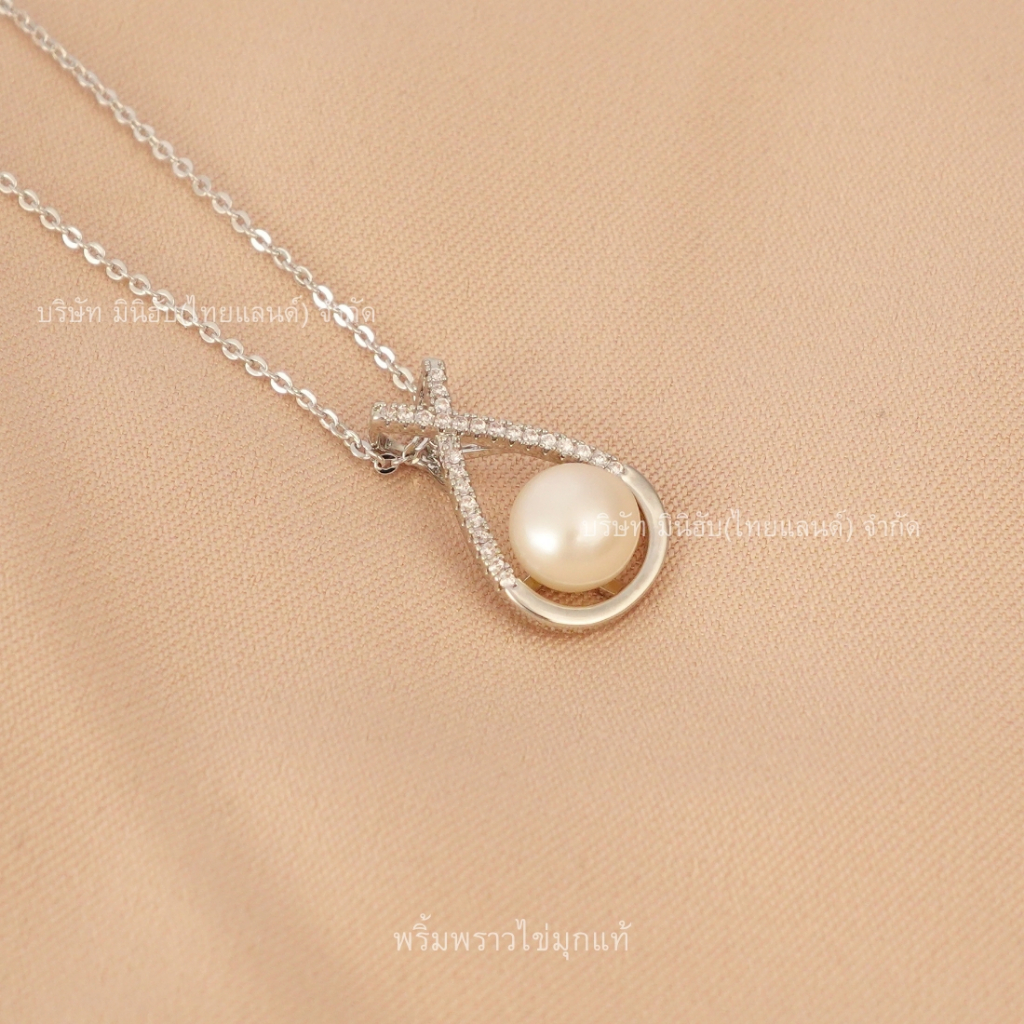สร้อยคอไข่มุก จี้หยดน้ำไขว้ มุกขาว เรือนเงิน