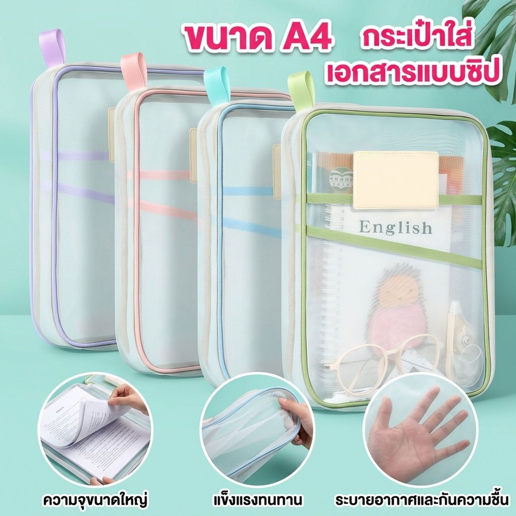 กระเป๋าเอกสารตาข่าย 3 ชั้น | เปิดกว้างรูป L | แยกวิชาได้สะดวก | พกพาง่าย | ใส่หนังสือได้ 8 เล่ม