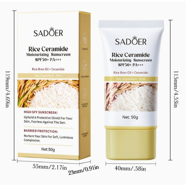 SADOER Rice Ceramide Moisturizing Sunscreen SPF50+ PA+++ ครีมกันแดด (สูตรสารสกัดจากข้าว) ปกป้องผิว ชุ่มชื้น ผิวโกลว์ 50g ราคา ถูกที่สุด ดีลบีเคเค แกลเลอรีภาพที่ 3