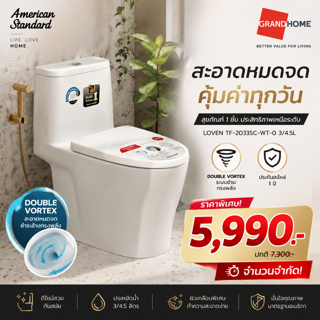 ????เก็บโค้ดเหลือ 4,312.-???? AMERICAN STANDARD สุขภัณฑ์ 1 ชิ้น LOVEN TF-2033SC-WT-0 3/4.5L ระบบชำระ DOUBLE VORTEX
