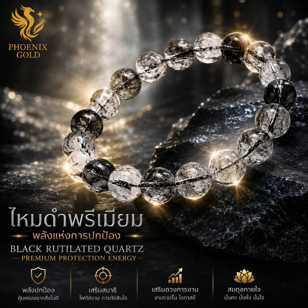 สร้อยข้อมือหิน กำไลไหมดำแท้ พรีเมียม ชาย หญิง โชคลาภ การเงิน ป้องกันพลังลบ Black Rutilated Quartz 3A