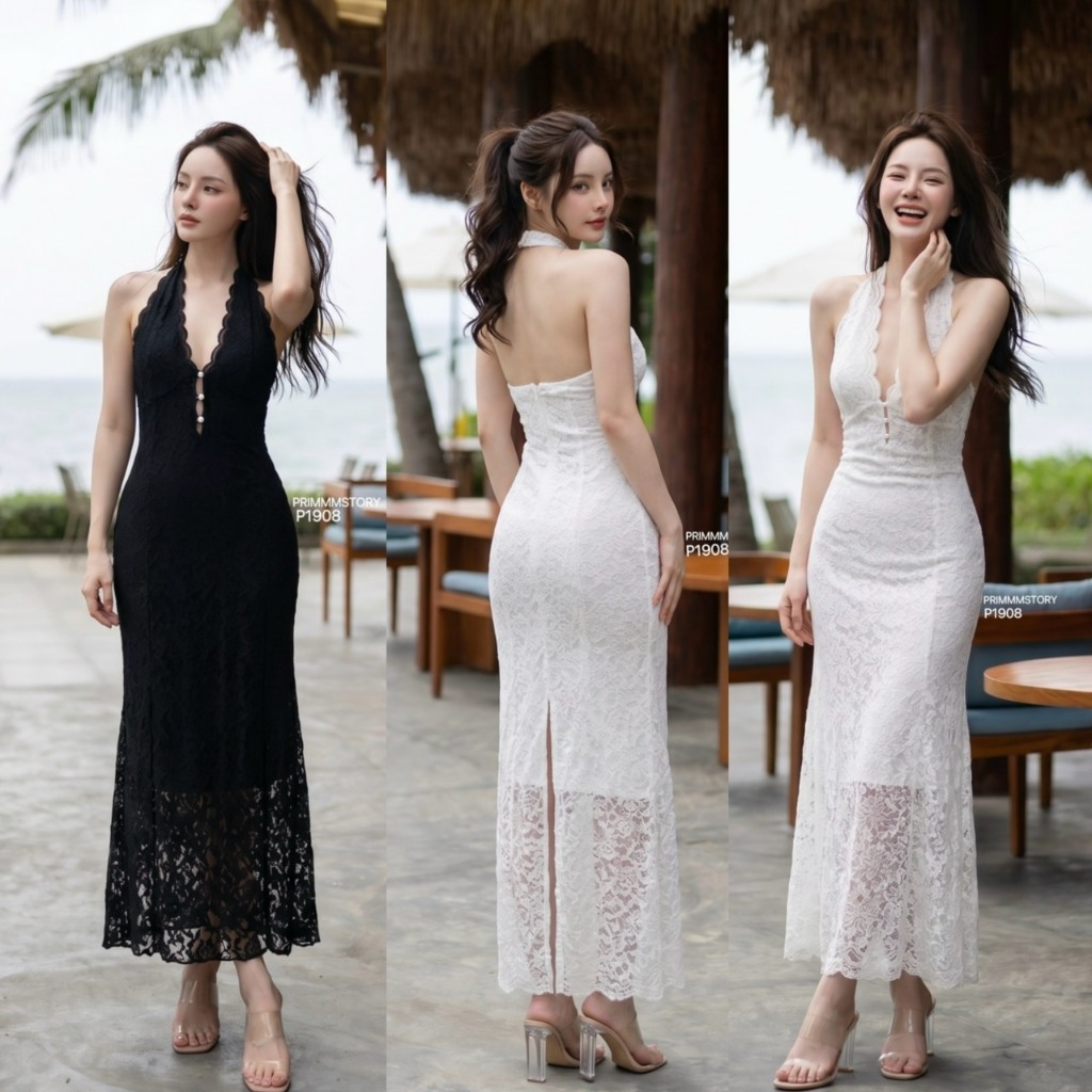 P1908 PrimmmStory เดรสยาวลูกไม้ ดีไซน์คอวีลึก