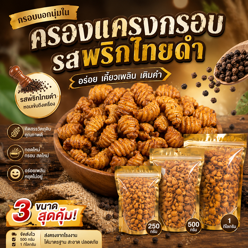 [ส่งตรงจากโรงงาน] ครองแครงกรอบ รสพริกไทยดำ หอมเข้มถึงเครื่อง ทอดใหม่ สะอาด ปลอดภัย