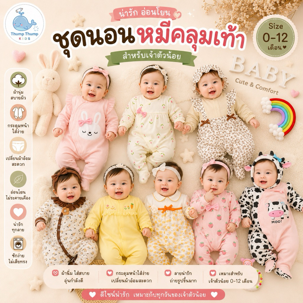 ส่งจากไทย🇹🇭 ชุดนอนหมีคลุมเท้า ผ้าคอตตอน100% ขนาด0-12เดือน