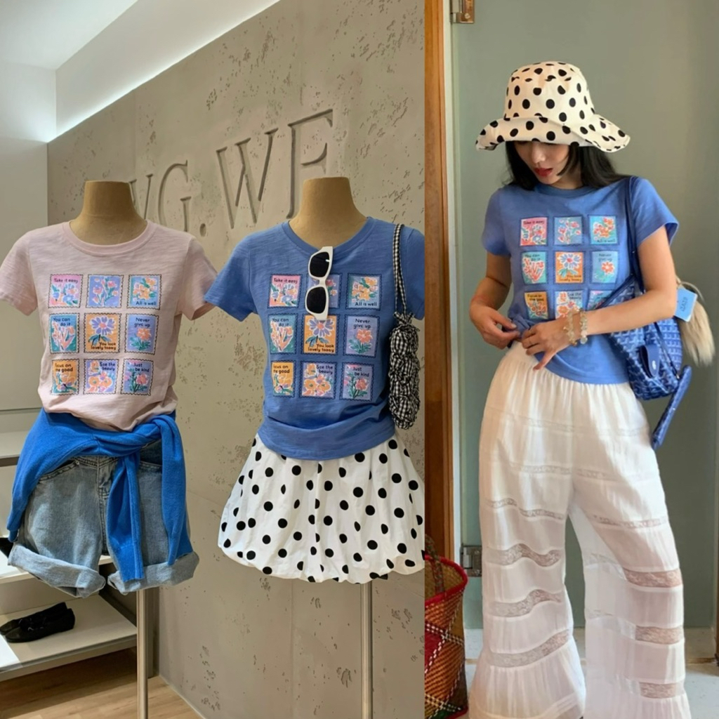 9703# เสื้อแขนสั้นคอกลม สกรีนลายช่วงอก เนื้อผ้าดี งานสวย TAG:WG.WE 🇰🇷