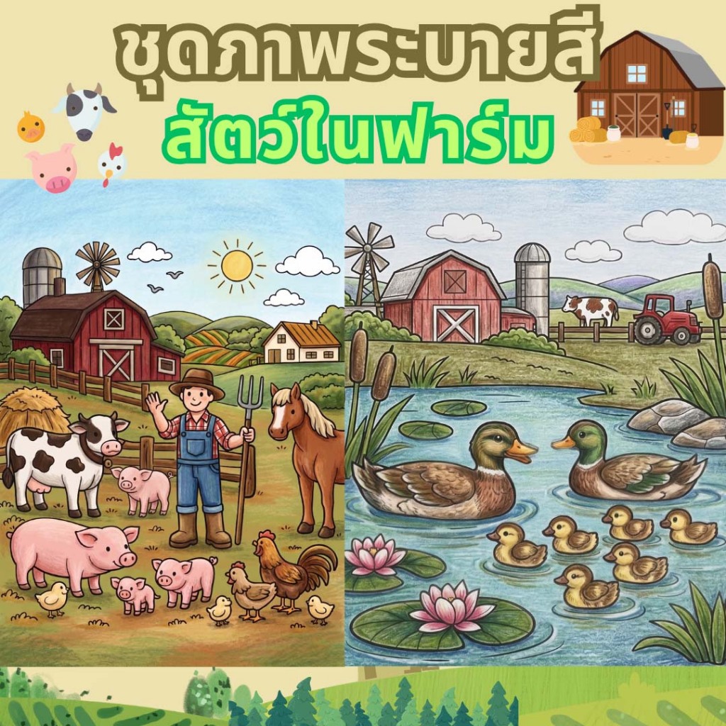 สัตว์ในฟาร์ม แพะ แกะ หมู วัว ไก่ Animal Farm แนวการ์ตูน ชุดภาพระบายสี ขนาด A4