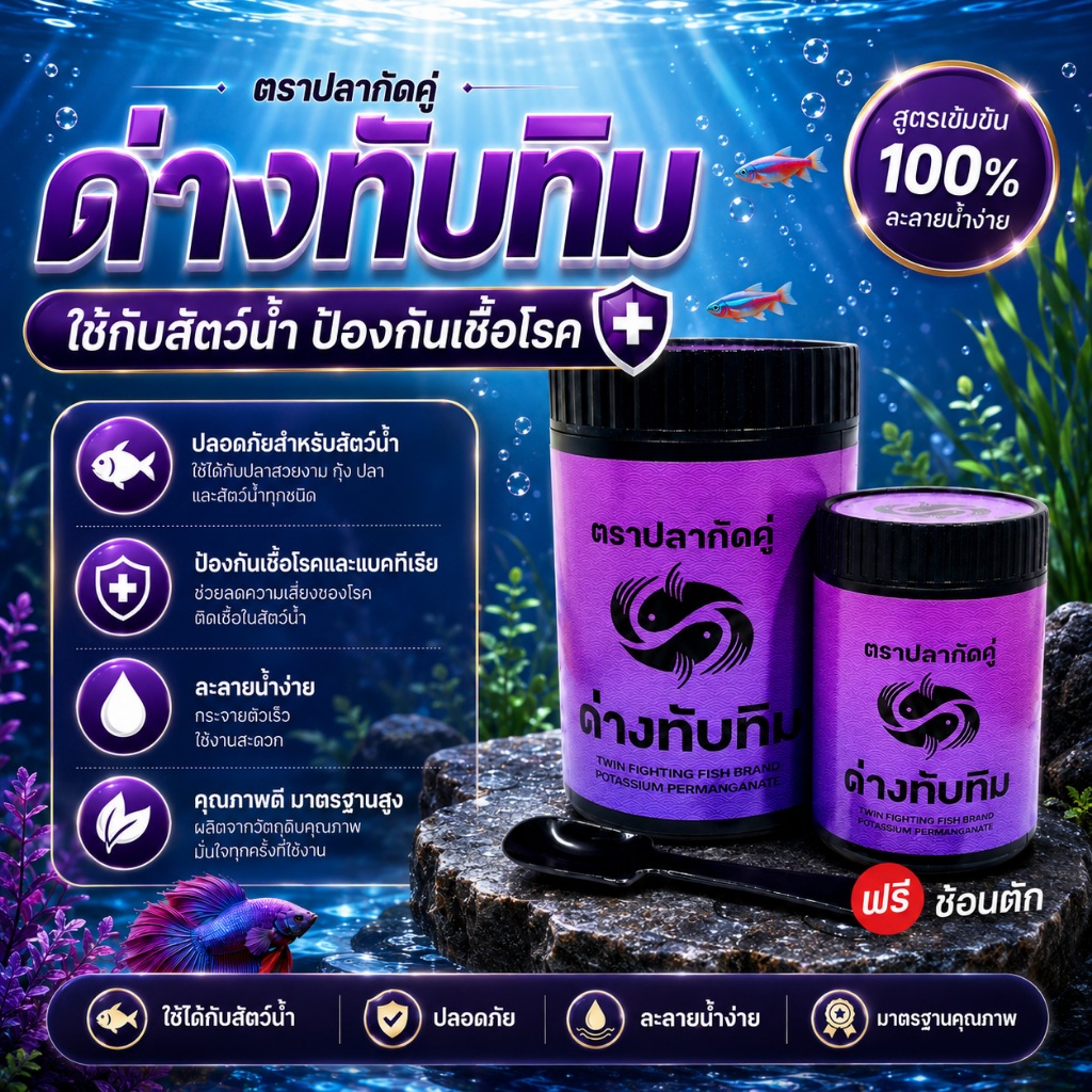ด่างทับทิม ตราปลากัดคู่ ละลายน้ำดี ไม่เป็นตะกอน