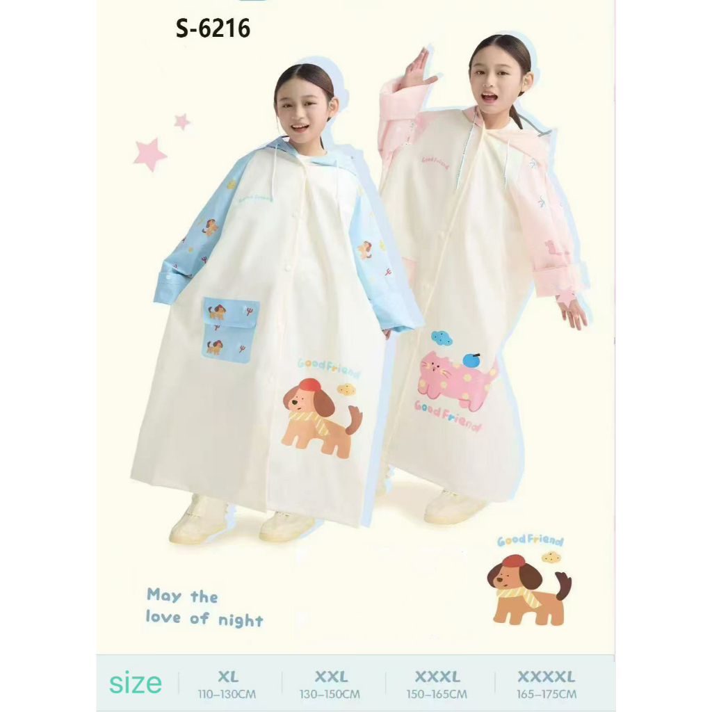 S-6216เสื้อกันฝนเด็ก ปีกขนาดใหญ่สีประกบเสื้อกันฝนนักเรียนกระเป๋านักเรียนที่นั่งเด็กหนากันน้ำและกันฝน