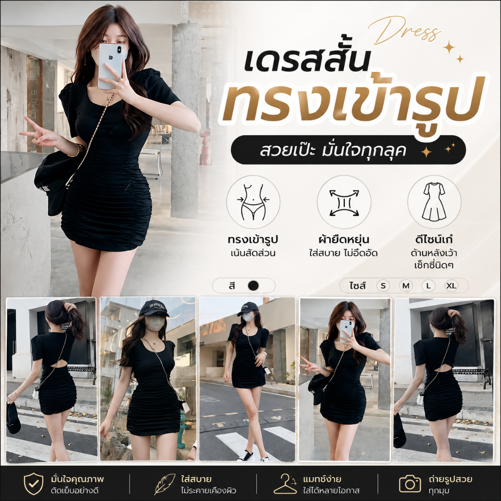 DS-4 ชุดกระโปรง เดรสสั้นผู้หญิง เว้าหลัง เข้ารูป สีดำ เดรสแฟชั่น คอยู สไตล์เกาหลี