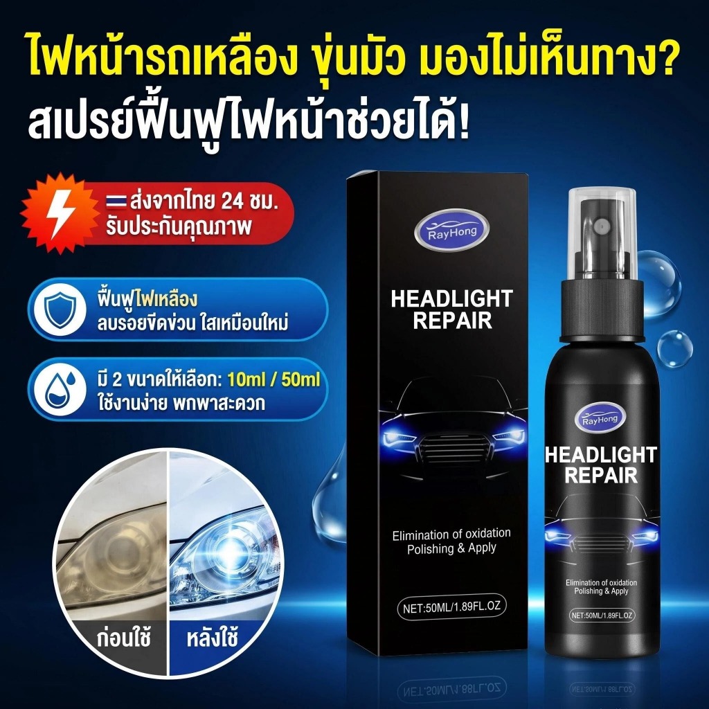 OUHOE สเปรย์ซ่อมไฟหน้า รถ ฟื้นฟูไฟหน้าเหลือง ขจัดรอย ขุ่น ใช้ง่าย 2ขนาด (10ml/50ml) ส่งเร็ว24ชม