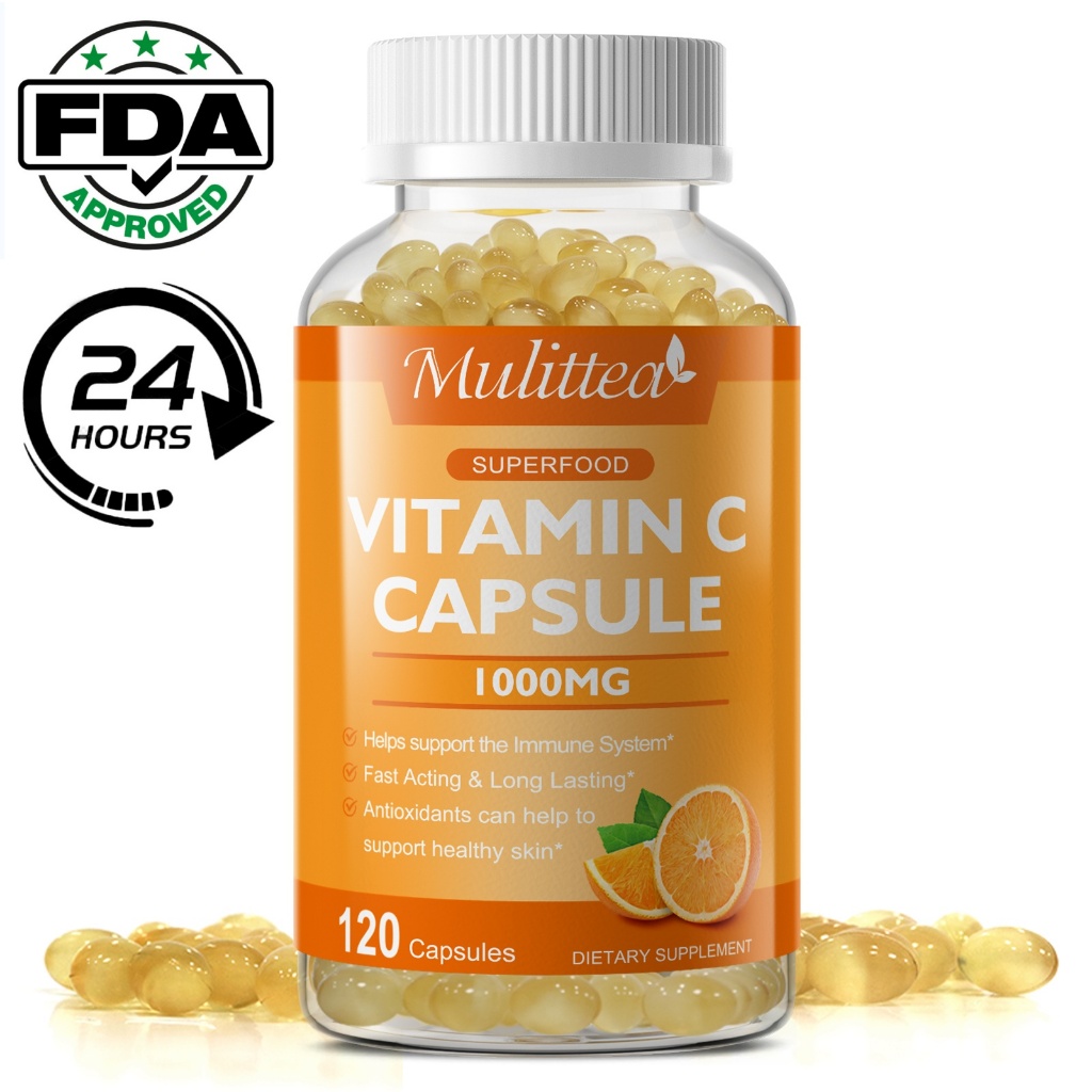 Mulittea วิตามินซี แคปซูล 1000mg 120 เม็ด, สารต้านอนุมูลอิสระ, สนับสนุนระบบภูมิคุ้มกัน, เพื่อผิวสุขภาพดี, อาหารเสริม