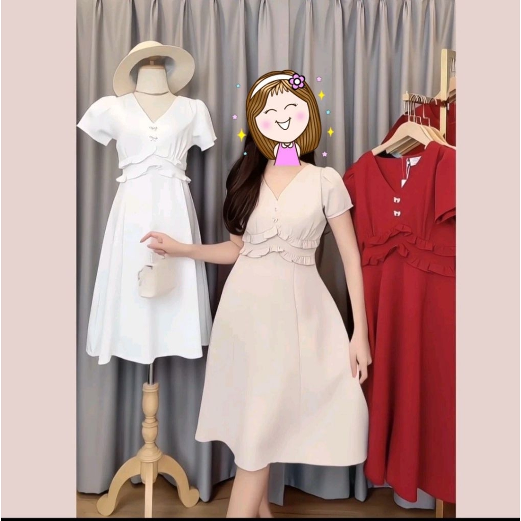 เดรสผ้าบาร์บี้ สีขาว (งานป้าย kb shop) คอวี