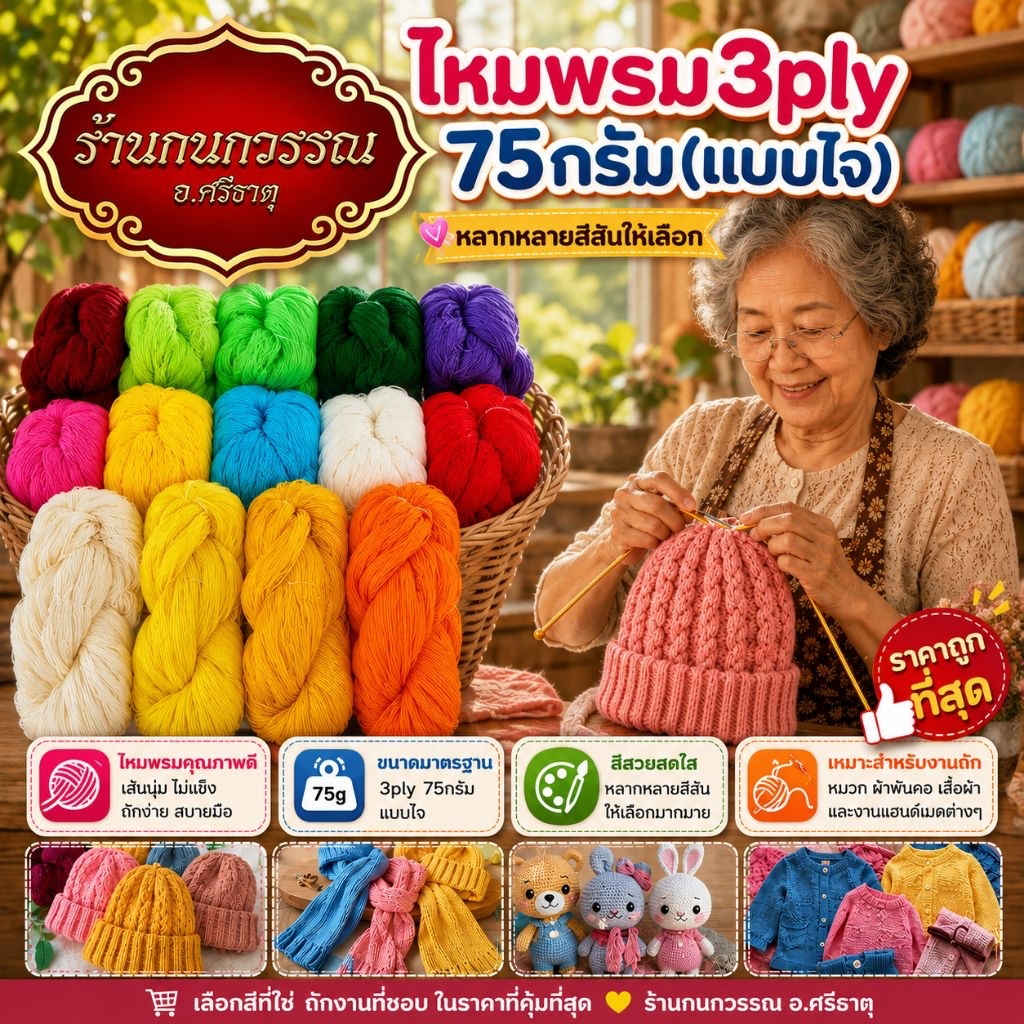 ไหมพรม เหมาะสำหรับทำตุงใยแมงมุม งานฝีมือต่างๆ มีมากกว่า50เฉดสี!!!🔴🟠🟡🟢🔵🟣🟤⚫⚪ ไจใหญ่ หนัก75กรัม