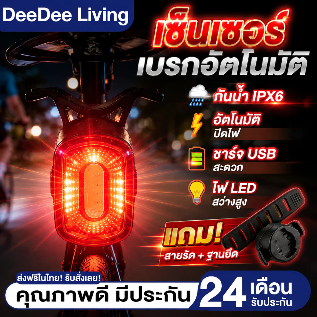DeeDee ไฟท้ายจักรยานอัจฉริยะ IPX6 Type-C แบบชาร์จไฟได้ LED USB ไฟท้ายจักรยานอัจฉริยะเปิด ปิดอัตโนมัติไฟเบรกจักรยานเสือหม