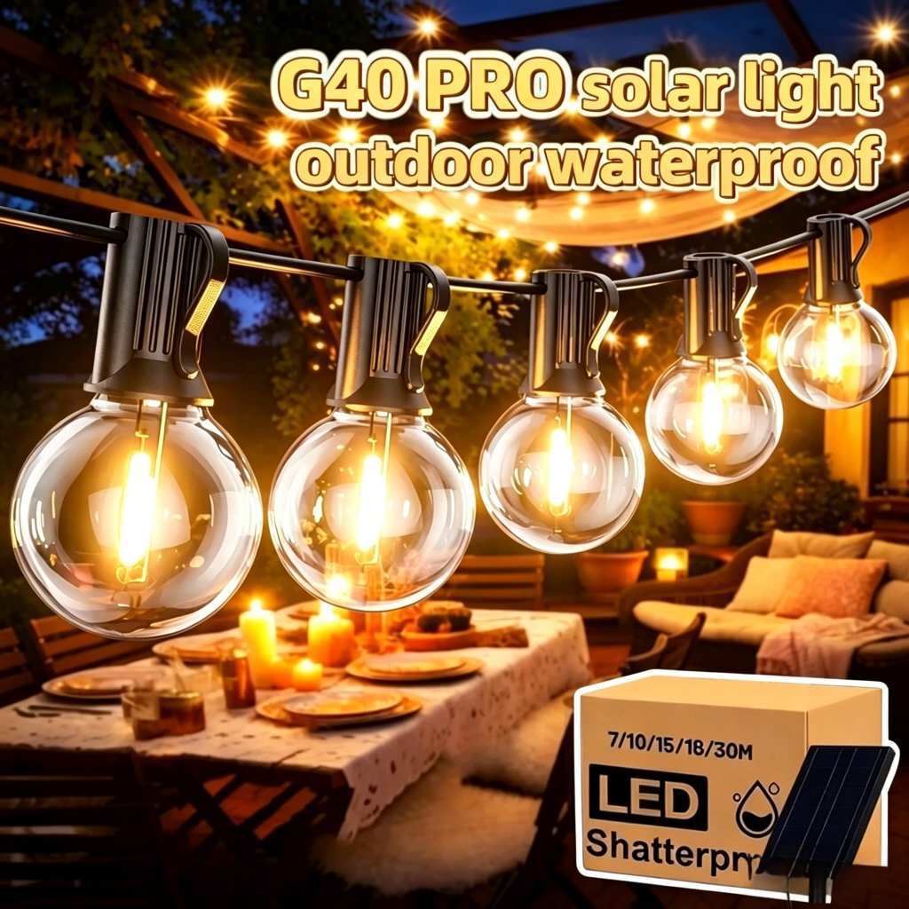 Qimedo ไฟสตริงโซล่าเซลล์ G40 ไฟวินเทจLED หลอดไฟ IP65 กันน้ำ ไฟปิงปอง โซล่าเซลล์ ไฟกลางแจ้ง E12 ไฟตกแต่งสวนไฟเส้นอัจฉริยะ