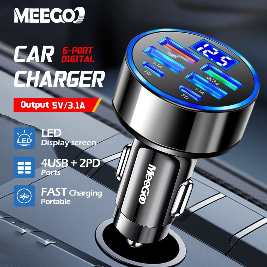 MeeGoo ที่ชาร์จในรถยนต์ ชาร์จเร็ว ชาร์จเร็ว 6 พอร์ต 12V/24V  TypeC 4USB 2PD หัวชาร์จรถยนต์ Car Charger