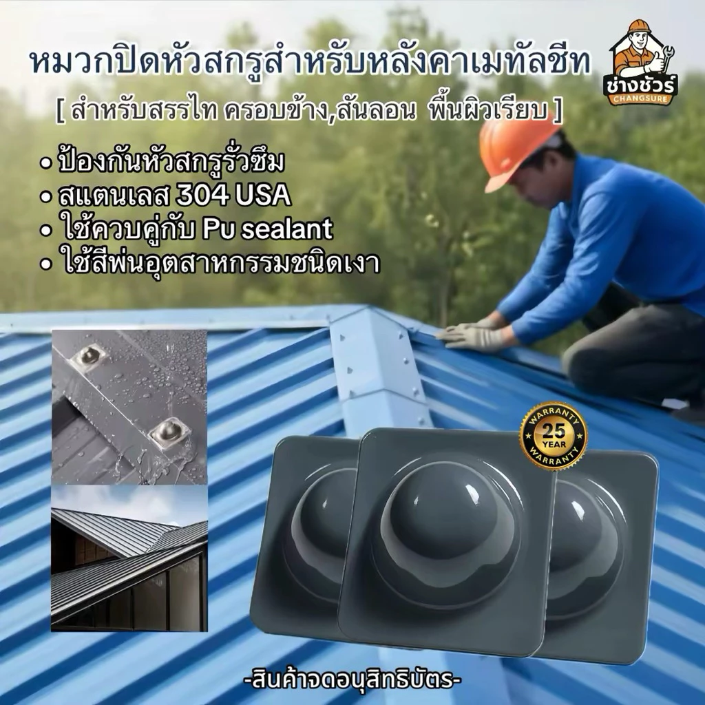 หมวกครอบหัวสกรูสำหรับผิวเรียบ [สีตามหลังคาเมทัลชีท] สแตนเลส304 ป้องกันสนิม100%
